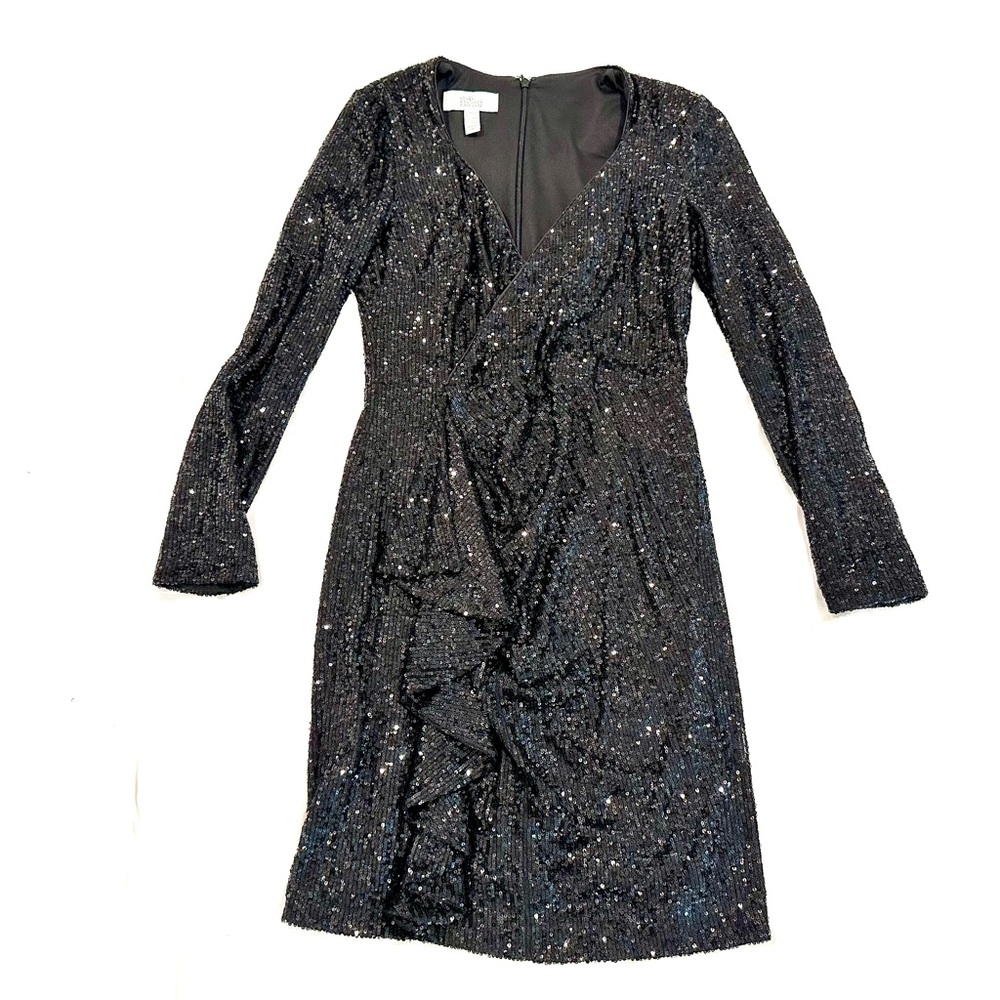 Badgley Mischka Black Glitter Long Sleeve Dress